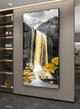 轻奢入户玄关装饰画玄幻背景墙走廊挂画客厅过道高山流水风景壁画