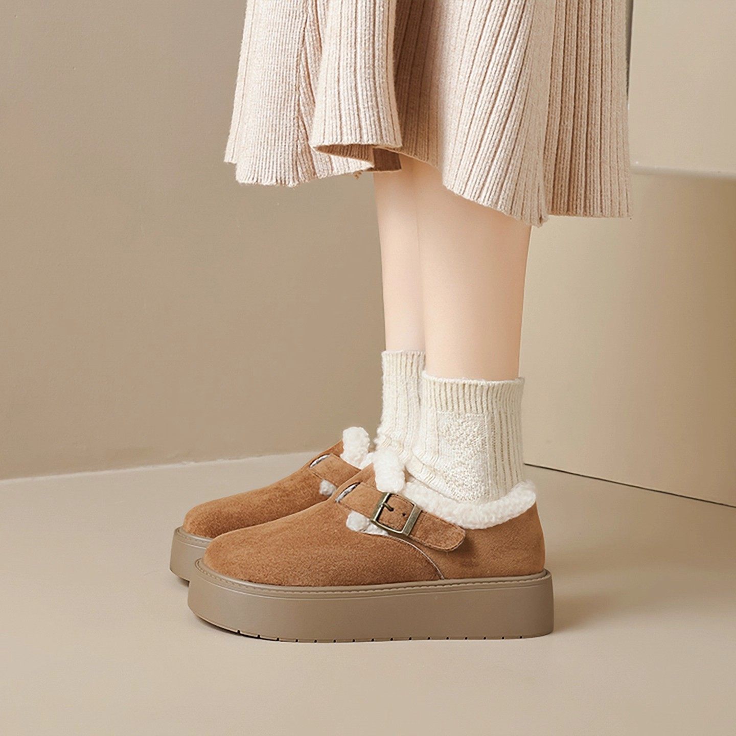 加绒全包勃肯鞋女冬季新款真皮厚底保暖棉鞋毛绒博肯单鞋大码女鞋,淘宝优惠券,粉丝福利购,淘宝优惠卷