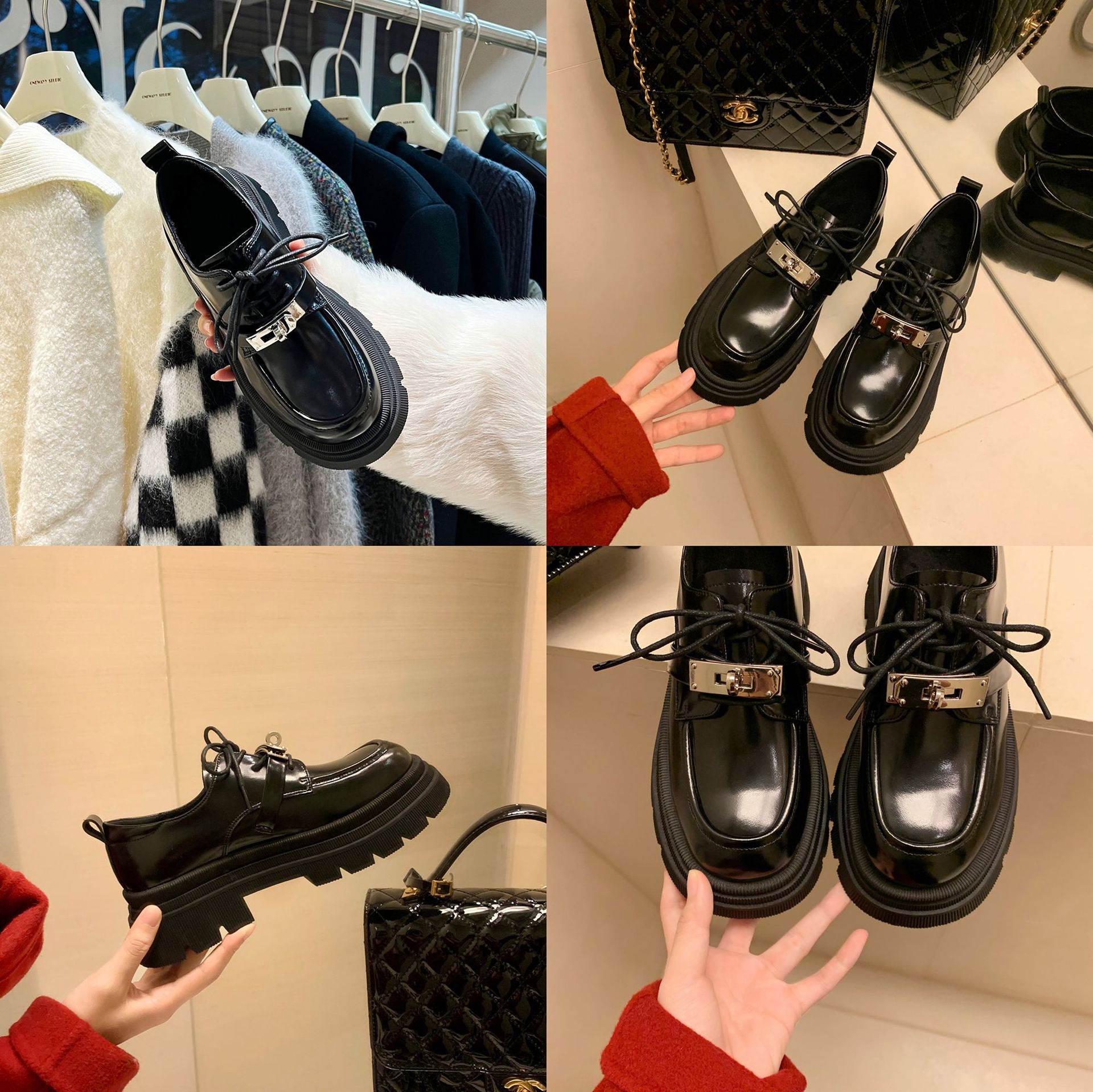 复古英伦风小皮鞋女2025新款夏粗跟厚底松糕一脚蹬乐福鞋系带单鞋