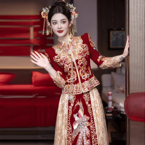 秀禾服2026新款中式婚纱礼服香槟色敬酒服网纱婚服春夏结婚新娘服 - 图1