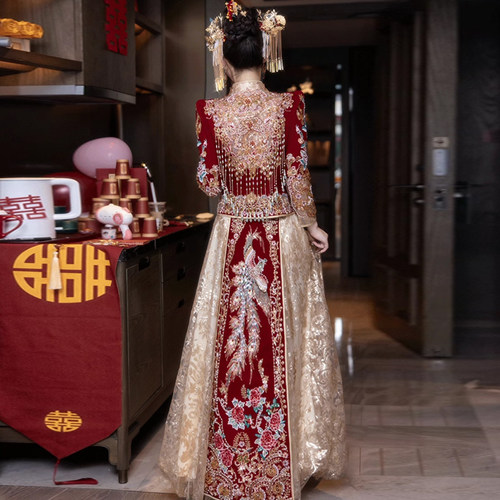 秀禾服2026新款中式婚纱礼服香槟色敬酒服网纱婚服春夏结婚新娘服 - 图3