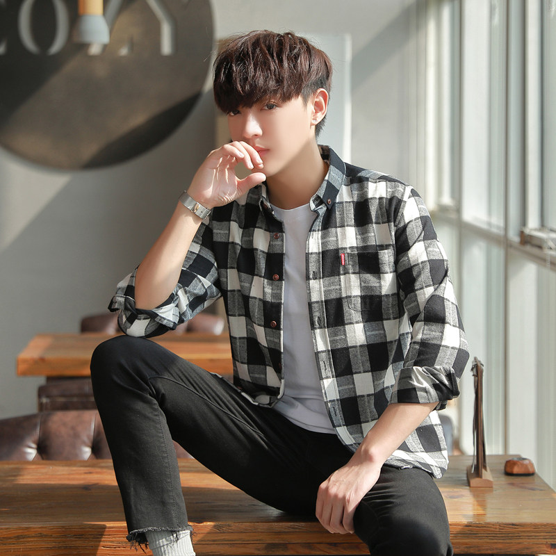 格子春秋休闲韩版外套港风日系衬衫 狼威堡衬衫
