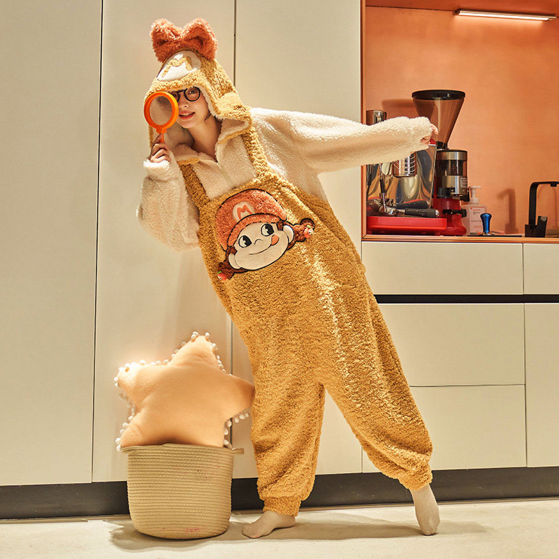 连体秋冬珊瑚绒加绒可爱连帽睡衣 名夫服饰睡衣/家居服套装