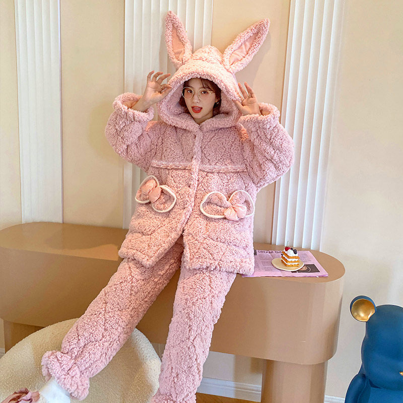 珊瑚绒孕妇秋冬加绒三层怀孕期睡衣 名夫服饰家居服套装