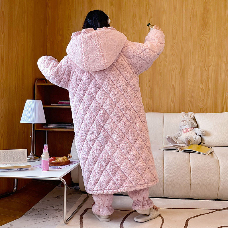 冬季珊瑚绒加绒三层长款夹棉睡衣 名夫服饰睡袍/浴袍