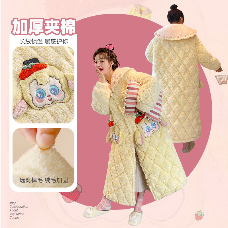 秋冬季珊瑚绒加绒三层长款夹棉睡衣 名夫服饰睡袍/浴袍