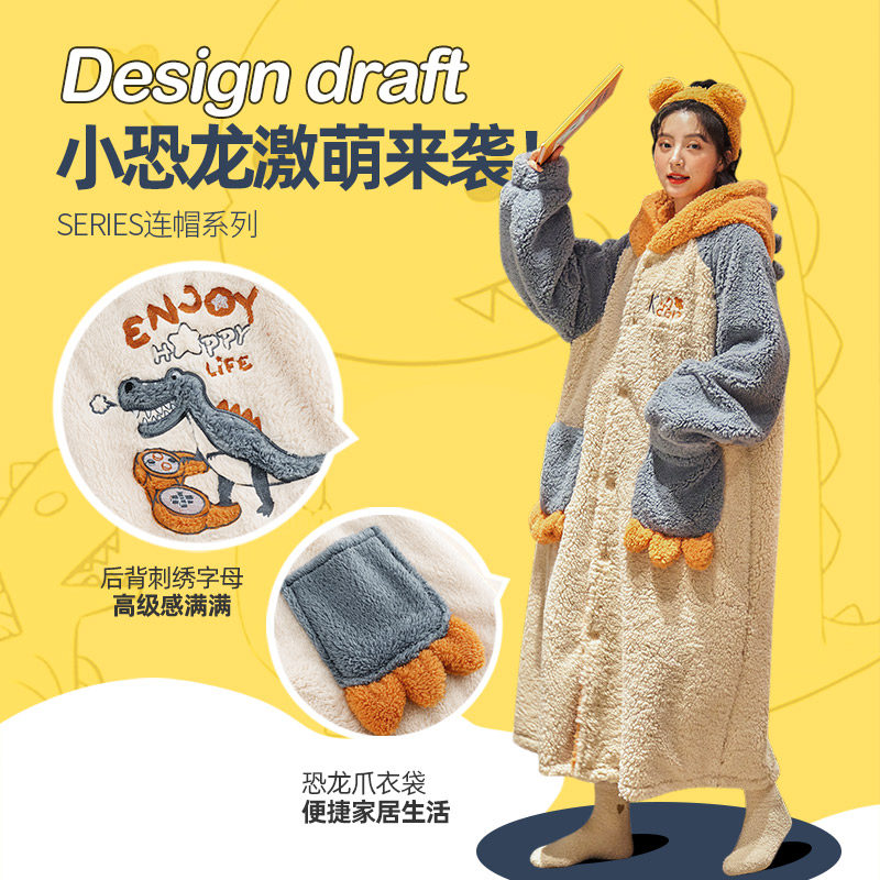 秋冬季长款珊瑚绒加绒睡衣新款睡袍 名夫服饰睡袍/浴袍