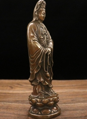黄铜观世音菩萨拿念珠占像佛像摆件复古莲花座观音菩萨铜像