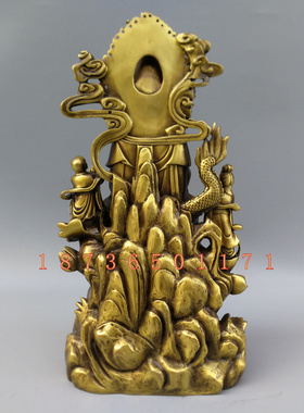 纯铜南海观音铜像乘龙鳌龙观音金童玉女善财观音铜器工艺摆件