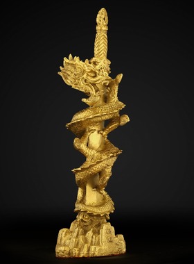 纯黄铜剑龙摆件铜龙蟠龙剑龙宝剑家居客厅玄关办公室装饰品桌面