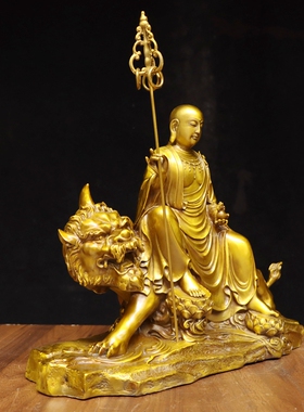 铜地藏王菩萨像九华山地藏谛听坐骑黄铜佛像坐像家用佛堂供奉摆件