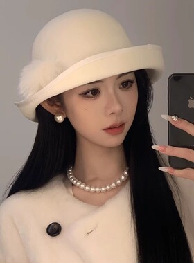 法式复古赫本风盆帽女款羊毛秋冬渔夫帽优雅名媛气质礼帽子