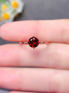 S925纯银莫桑比克石榴石戒指女戒子时尚百搭简约个性酒红色宝石