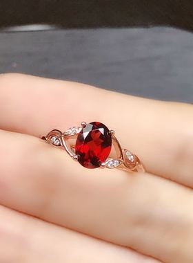 天然石榴石戒指女戒酒红色水晶