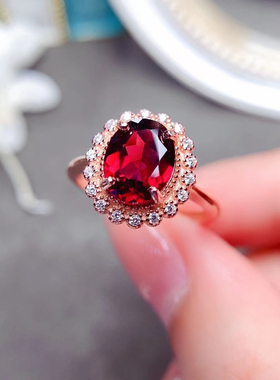 天然石榴石戒指女戒子酒红色红宝石S925纯银镶嵌饰品时尚简约日韩