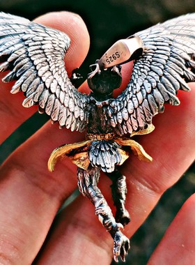 中国风金翅大鹏鸟吊坠迦楼罗老鹰纯手工纯银S925国潮项链男女