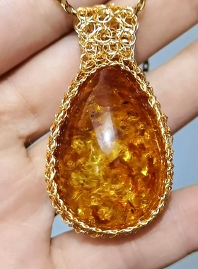 菲瑞定制 14K注金丝欧洲古法编织天然花琥珀项链 孤品一物一拍