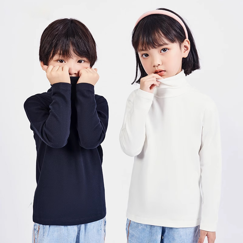 euv 儿童高领打底衫男童黑白色内搭上衣女童中领秋衣纯棉长袖t恤 - 图1