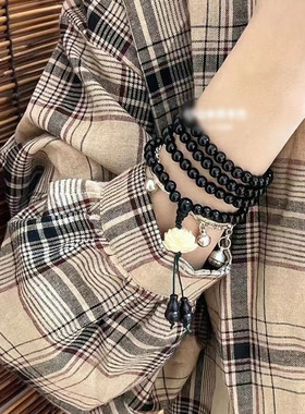 紫光檀莲花吊坠多圈手链