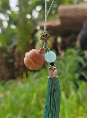 檀香木雕铃铛手机吊坠木质香囊包