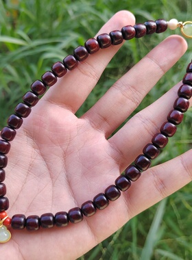 紫檀木老型桶珠双圈手串福禄玉葫