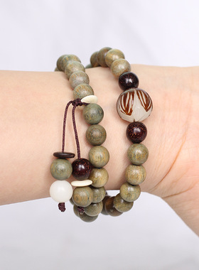 原创老料绿檀木双圈佛珠手串森系学生檀香百香籽民族风手链情侣