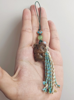 绿檀木雕熊猫可爱手机链流苏萌趣