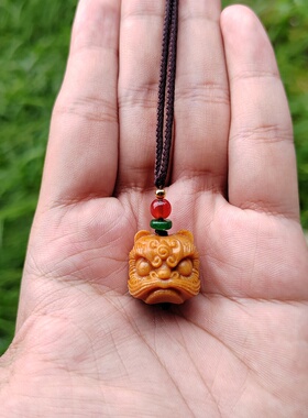 檀香木国风醒狮吊坠简约中式项链