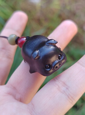 黑檀木可爱小猪趴趴猪手机链木雕