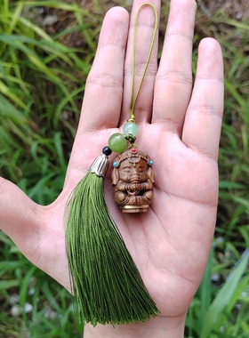 绿檀木象神香囊流苏挂绳手机链木