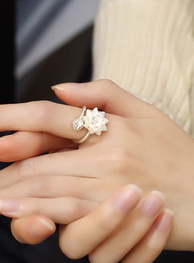 青时屿新款中式风白莲花戒指