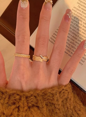 甄媛银饰金色拉丝麦穗树叶戒指