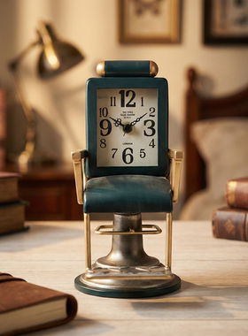 复古理发椅造型时钟铁艺创意摆件高级感小众装饰品书房桌面小座钟