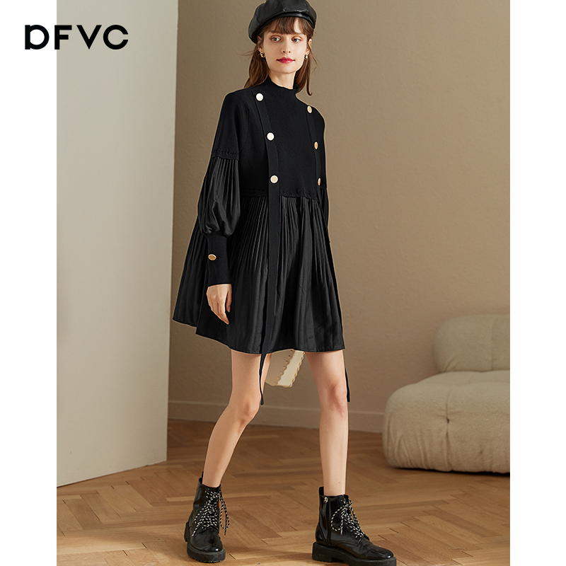 dfvc冬季黑色拼接针织连衣裙女2022年新款中长款宽松百褶娃娃裙子