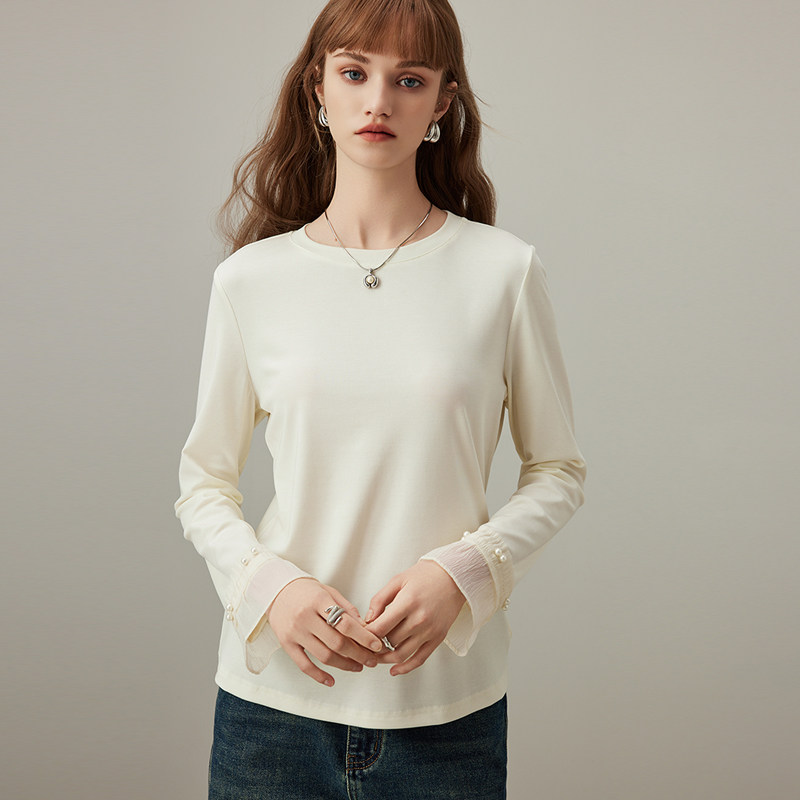 dfvc简约百搭纯色圆领长袖T恤女2026年春季新款喇叭袖内搭打底衫,淘宝优惠券,粉丝福利购,淘宝优惠卷