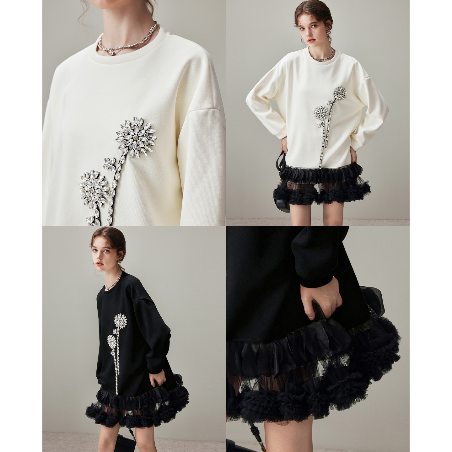 dfvc黑色休闲长袖圆领卫衣裙女2025年冬季新款钉珠网纱拼接连衣裙