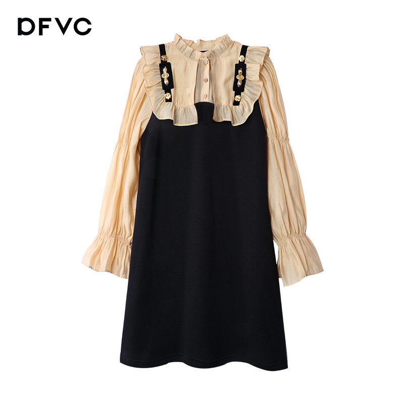 dfvc春季赫本风拼接娃娃领子连衣裙 dfvc连衣裙