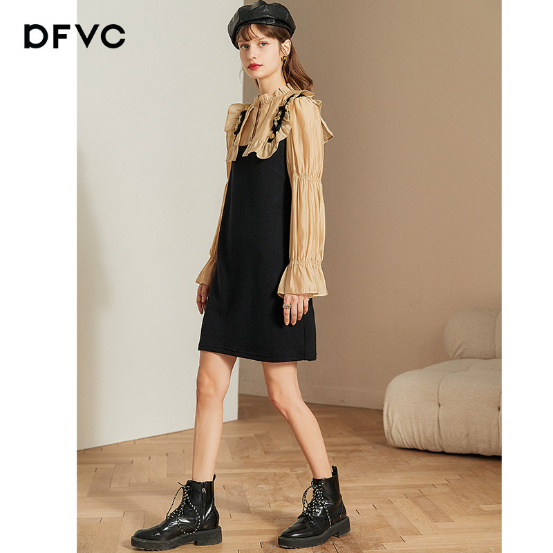 dfvc春季赫本风拼接娃娃领子连衣裙 dfvc连衣裙