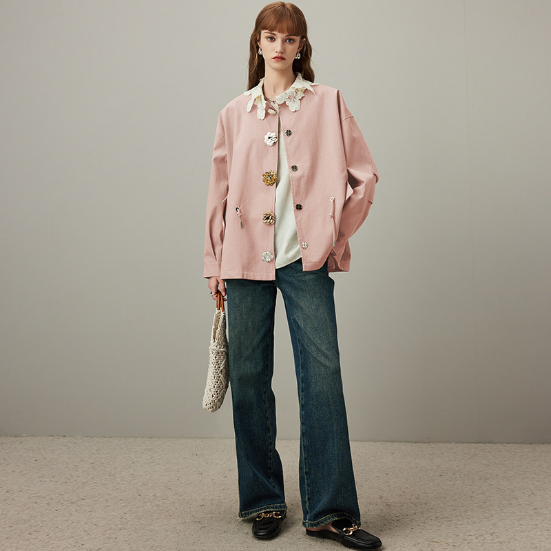 dfvc韩版纯棉短款风衣外套女2025年秋季新款抽绳宽松休闲夹克上衣 - 图1