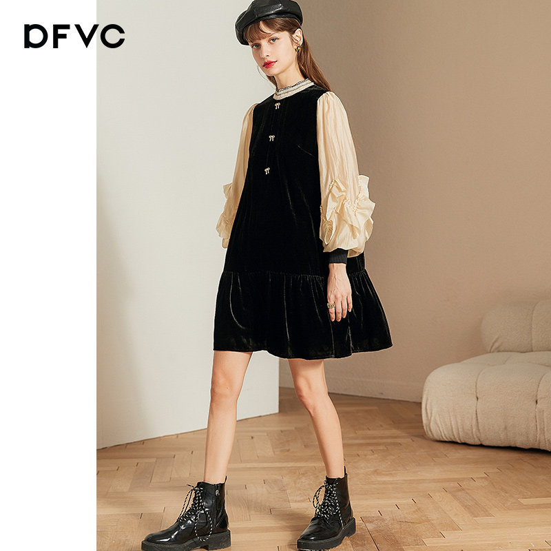 dfvc春季赫本风黑色拼接丝绒连衣裙 dfvc连衣裙