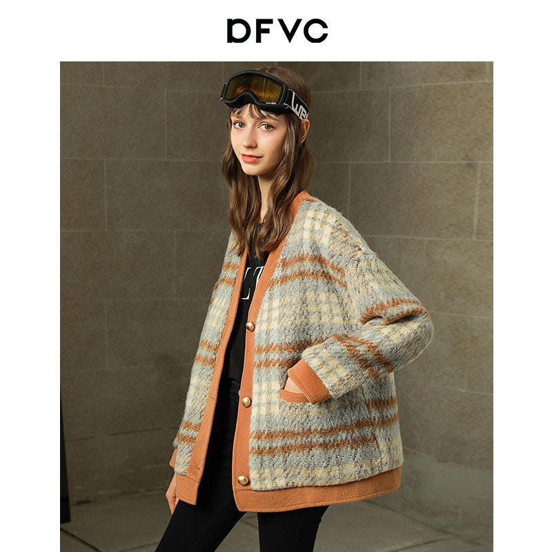 dfvc2021新款v领小香风格子毛呢女 dfvc毛呢外套