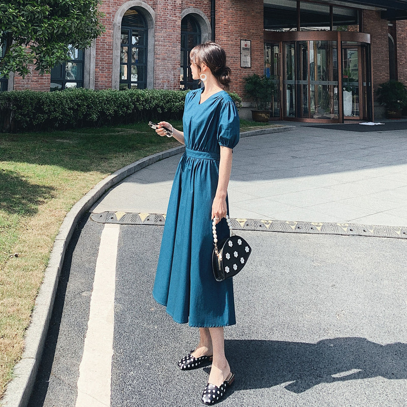 孔雀蓝色泡泡袖连衣裙女夏季2020 夏梵尼连衣裙