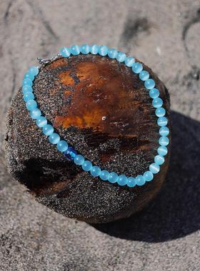 猫眼石度假感蓝色系手工串珠项链