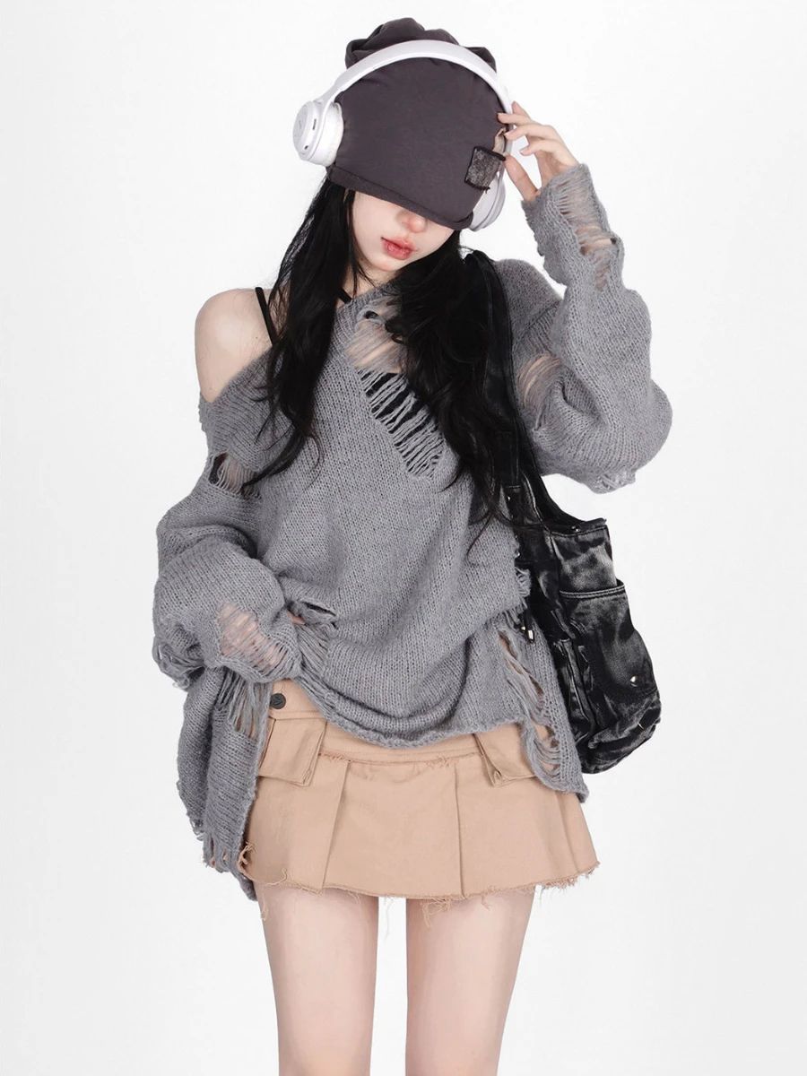 2022 Autumn ew Fashion ipped ulloers Women orean aggy Ch Sim-图0