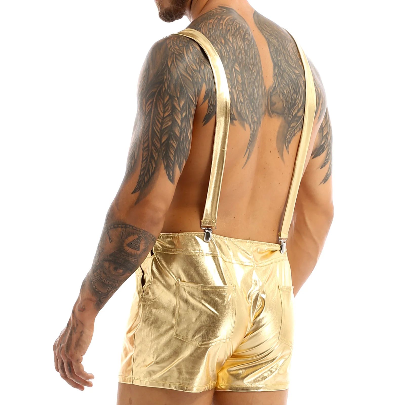 MSemis Mens Fashion Shiny Metallic Bib Overall Suspender Sho - 图2