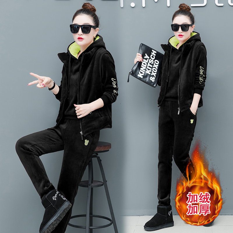 秋冬季新款时尚休闲账动服卫衣潮 2018 金丝绒套装女加绒加厚三件套 秋冬季新款时尚休闲账动服卫衣潮 2018 金丝绒套装女加绒加厚三件套