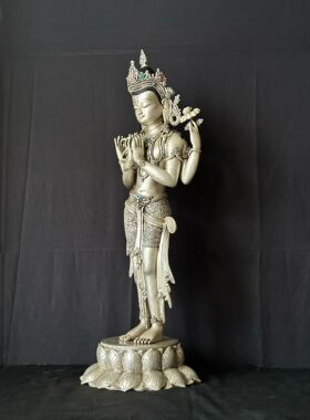 尼泊尔四臂观音64cm鎏银站像稀有款 手工铜雕典藏艺术摆件