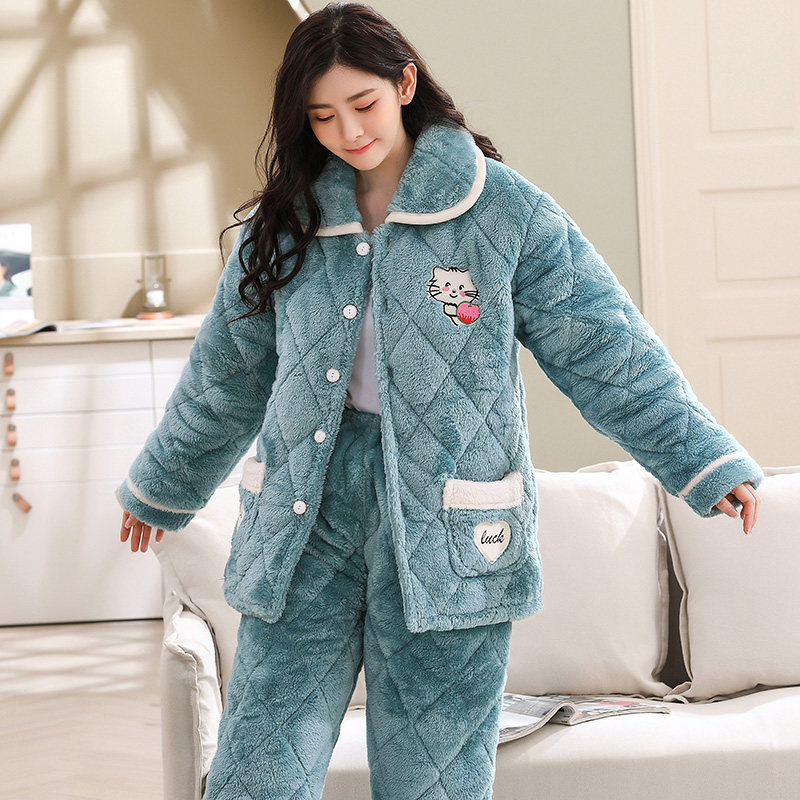 冬天女士三层夹棉袄睡衣套装睡衣 兰柠檬睡衣/家居服套装