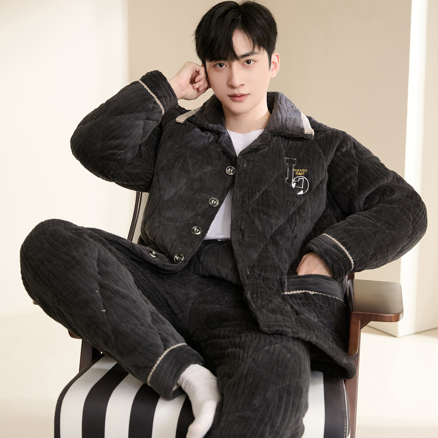 秋冬季三层加厚男士法兰绒夹棉睡衣加大保暖珊瑚绒家居服棉袄套装,淘宝优惠券,粉丝福利购,淘宝优惠卷