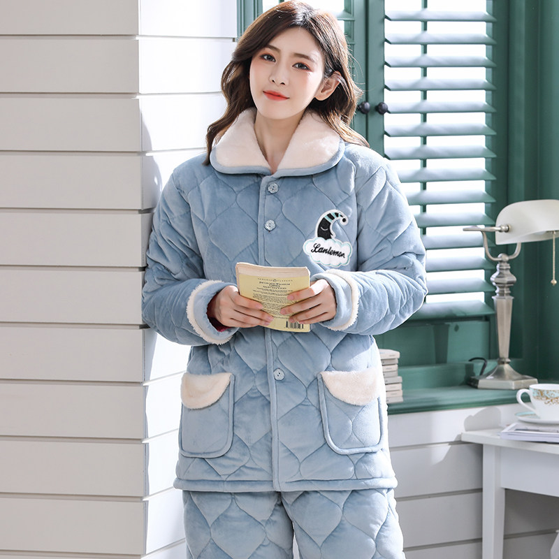 冬天女士三层夹棉袄睡衣套装睡衣 兰柠檬睡衣/家居服套装